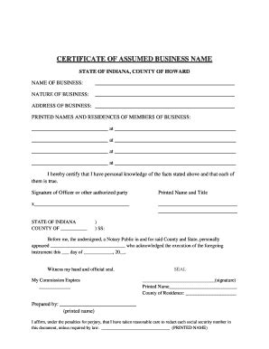 Fillable Online Certificate Of Assumed Business Name Howard County