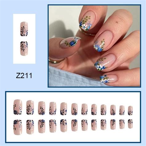 Diduikalor 24PCS Short Coffin Press On Nails Hand Painted Blue