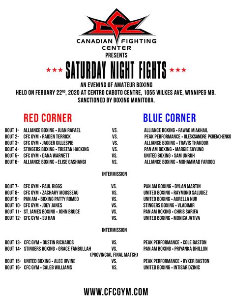 Saturday Night Fights Lineup | Canadian Fighting Center