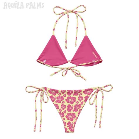 Pink Yellow Hibiscus Print Bikini Floral Triangle Bikini Floral Printed Bikini Floral