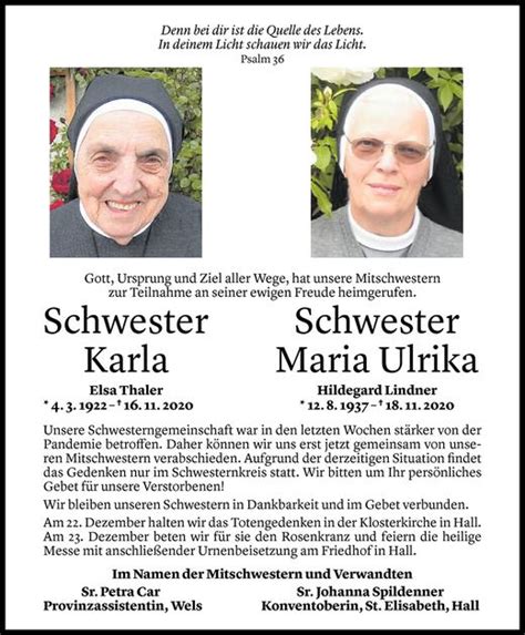 Todesanzeigen Von Schwester Klara Und Sschwester Maria Ulr Elsa Thaler