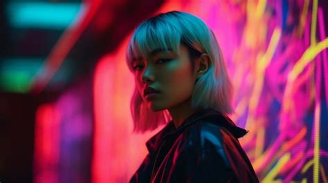 Premium Ai Image A Woman Stands In Front Of A Colorful Neon Light