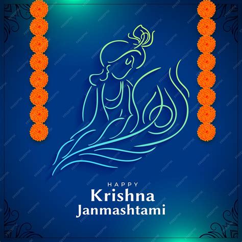 Free Vector Blue Krishna Janmashtami Greeting Card Design In Line Style Vector