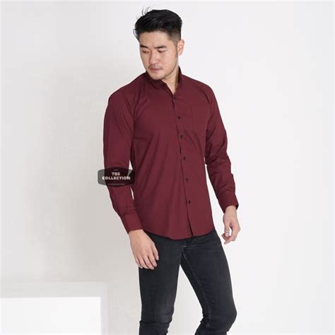 Jual Baju Hem Kemeja Lengan Panjang Pria Merah Maroon Polos Cowok Keren