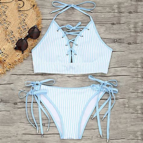 New Tie Side Striped Lace Up Bikini Set Women Sexy Swimsuit Beach Lace