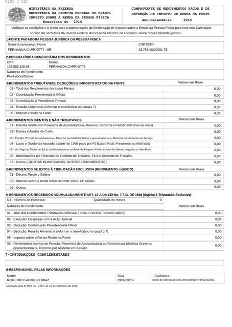 Pdf Minist Rio Da Fazenda Comprovante De Rendimentos Pagos E De