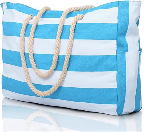 Wholesale Large Blue White Striped Beach Bag Big Oversized Cotton Canvas Shoulder Beach Tote Bag