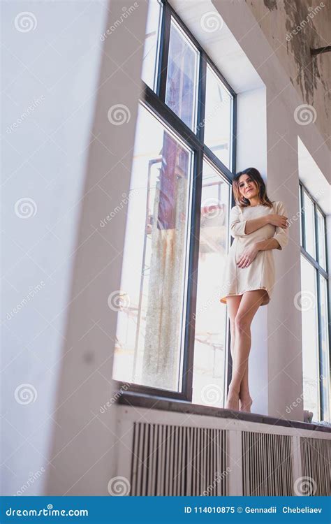 Tall Slender Brunette Near The Window Stock Image Image Of Beautiful Dress