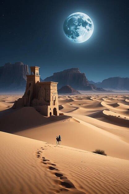 Premium Photo A Moonlit Desert With Giant Sand Dunes And Ancient Ruins