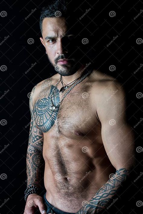 Fit Model With Tattoo Art On Skin Bearded Man With Tattooed Chest Macho With Bare Torso Stock