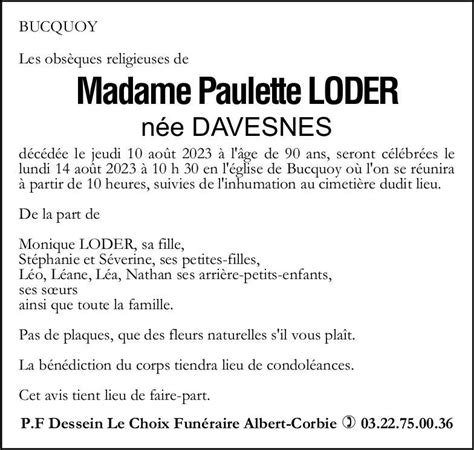 Madame Paulette Loder Née Davesnes Pompes Funèbres Dessein