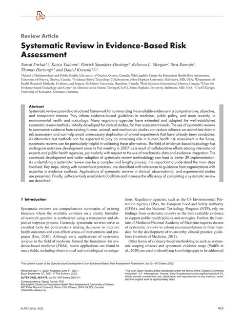 Pdf Systematic Review In Evidence Based Risk Assessment