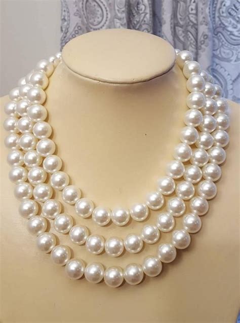 Chunky Three Layer Pearl Necklace Ivory Large Pearl Wedding Necklace