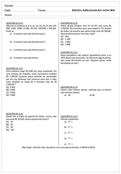 Atividade De Matematica 6º Ano