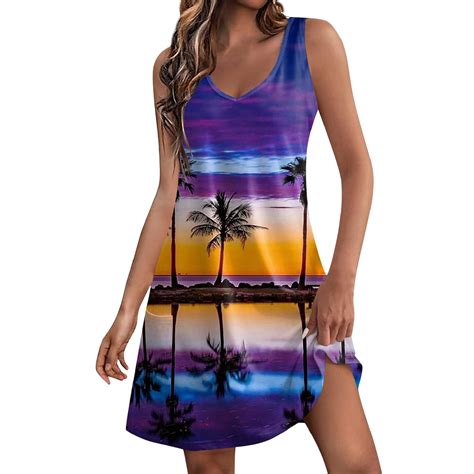 Qwertyu Hawaiian Dress Sleeveless Tropical Print Summer Beach Palm Tree