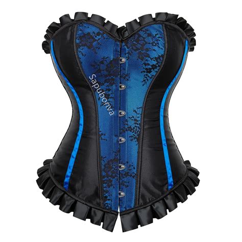 Blue Corset Top Plus Size Bustier Flower Lace UP Overbust Corselet Burlesque Sexy Lingerie