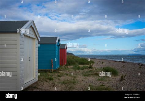 Beach Huts At Findhorn Beach Stock Photo Alamy