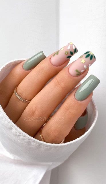 Your Nails Deserve These Floral Designs Green White Floral Sage Nails