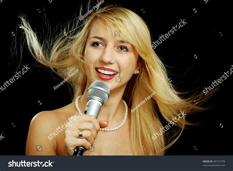 Blonde Girl Naked Shoulders Singing Microphone Stock Photo 45731578 Shutterstock