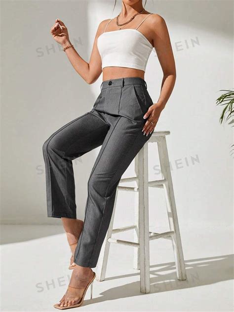 Shein Petite Pantalones De Traje De Talle Alto Con Bolsillo Oblicuo