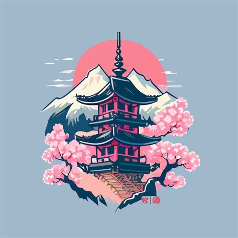 Premium Vector Pagoda On A Mountain And Sakura Trees Flat Design