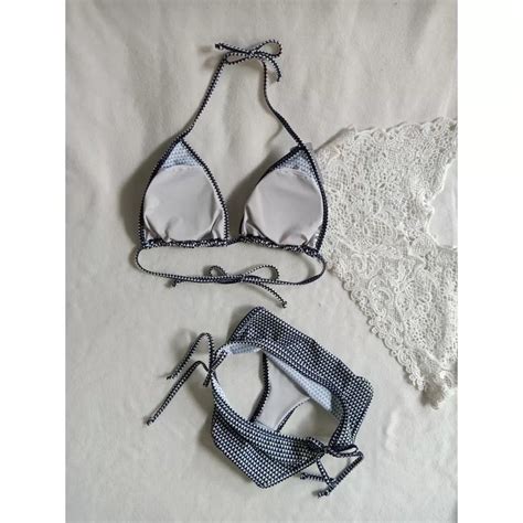 BK 3301 Segitiga Hitam Putih Bikini Segitiga Ikat Dengan Busa Selip