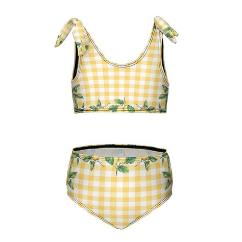Lemons And Leaves On A Yellow And White Background Girl S 2 Piece Bikini Set Beach Sport