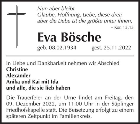 Traueranzeigen von Eva Bösche abschied nehmen de