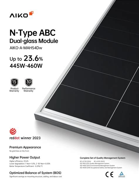 Aiko Solar Panel N Type 445w 450w 455w Double Glass 108 Cells 460w