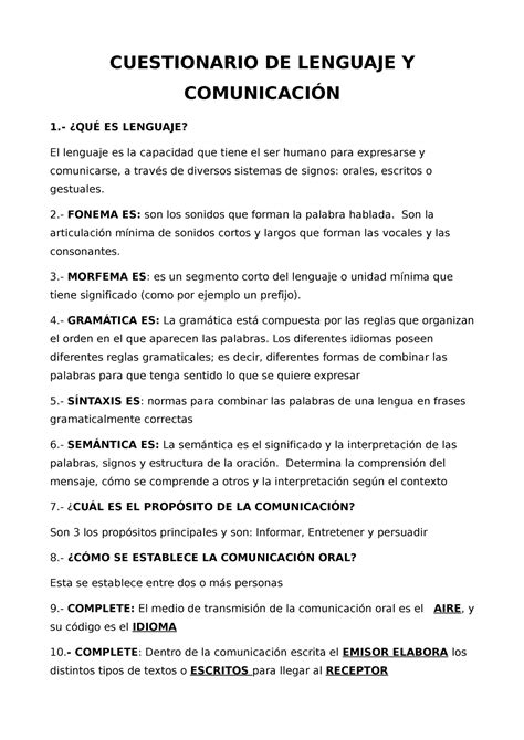 Cuestionario DE Lenguaje Y Comunicación 1 Parcial CUESTIONARIO DE