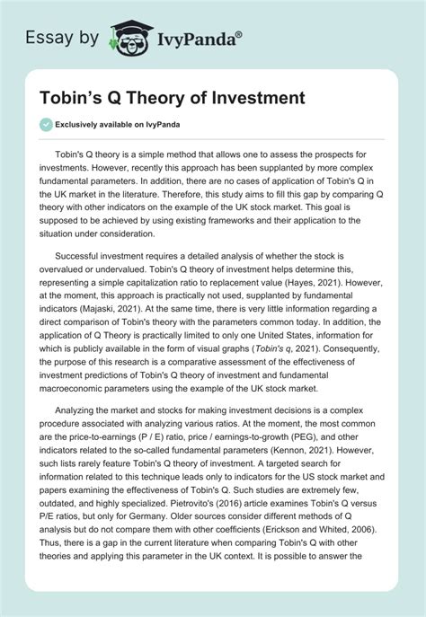 Tobin's Q Theory of Investment - 392 Words | Proposal Example