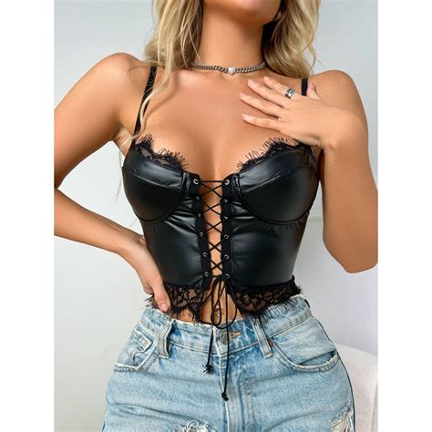 Cropped Top Bustiê Corset Cadarço Couro Pu Renda Sexy Preto REF5009