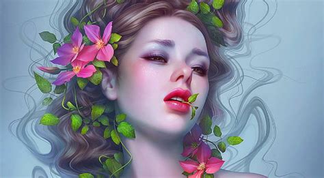 Gorgeous Face Pretty Art Detail Bonito Woman Fantasy Girl Digital Flowers Hd Wallpaper