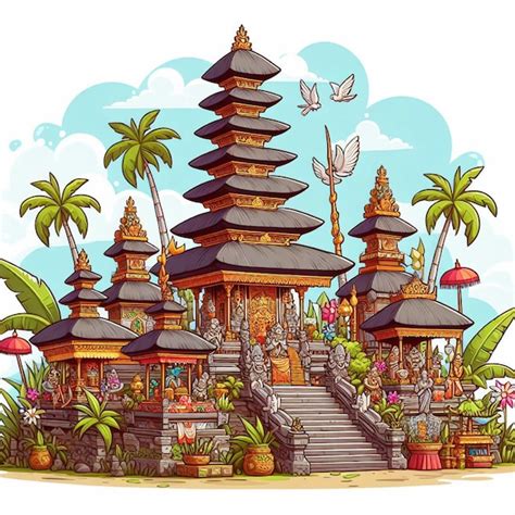 Cartoon Illustration Of Balinese Temple For Nyepi Day Premium Ai