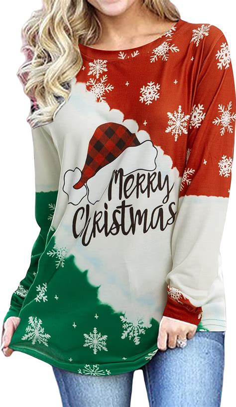 Merry Christmas Plaid T Shirts Women Cute Santas Hat Graphic Long