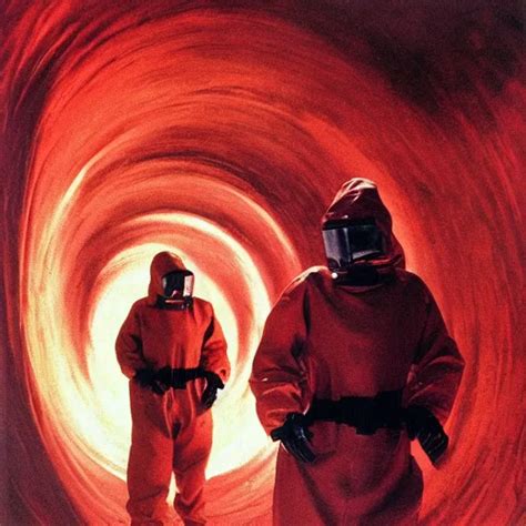 Two Scientist Wearing Red Hazmat Suits Moshing At The Stable