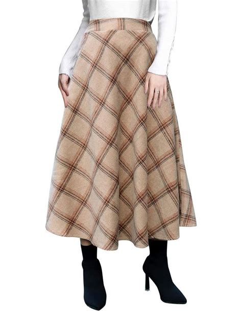 Idealsanxun Long Plaid Wool Skirts For Womens High Waist Aline Pleated