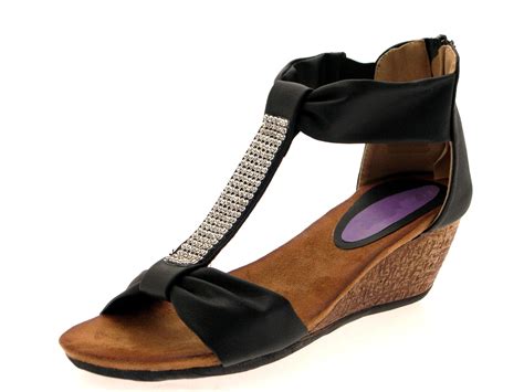 Womens Diamante T Bar Summer Sandals Low Wedges Heels Ladies Shoes Size ...