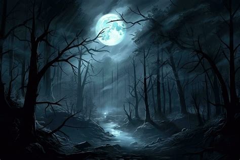 Dark forest. Gloomy dark scene with trees, big moon, moonlight. Smoke ...