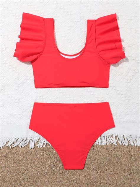 Shein Conjunto De Mai Bikini Babado Liso Para Menina Na Adolesc Ncia Praia De Ver O