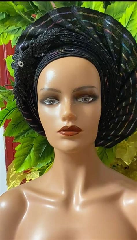 Black Autogele Aso Oke Pre Tied African Headwrap Turban Headband Head