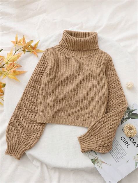 Shein Tween Girl Solid Turtleneck Lantern Sleeve Sweater Shein Usa