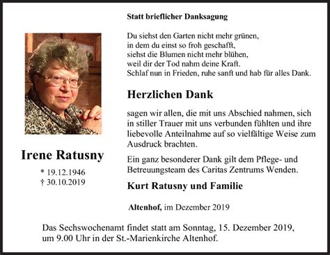 Traueranzeigen Von Irene Ratusny Trauer De