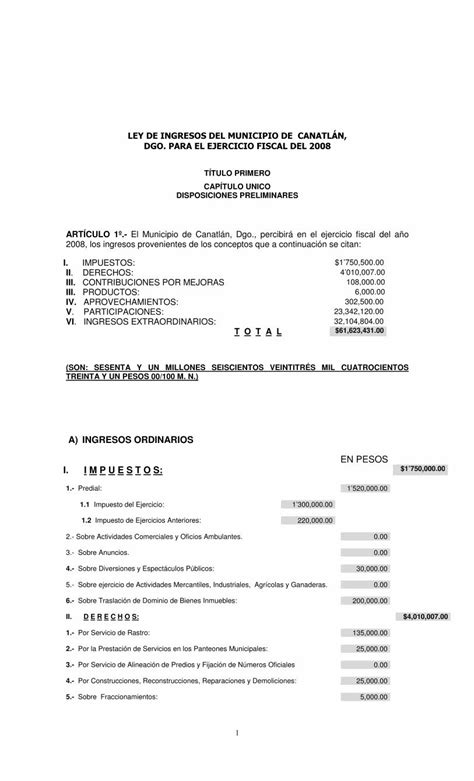 Pdf Ley De Ingresos Del Municipio De CanatlÁnen La Ley De