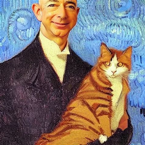 A Beautiful Oil Painting Of Jeff Bezos Holding A Cat Stable