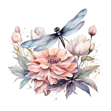 Premium Ai Image Watercolor Dragonfly Botanical Illustration