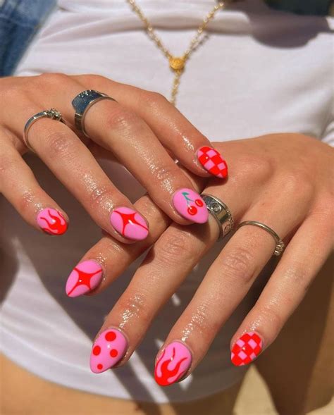 Pink Red Nails Flames Checkers Cherries In 2024 Checkered Nails