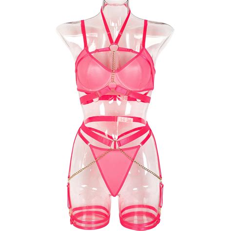 Hot Underwear Leather Lingerie Chain Hanging Neck Lingerie Set With Garter Belt Uniform For