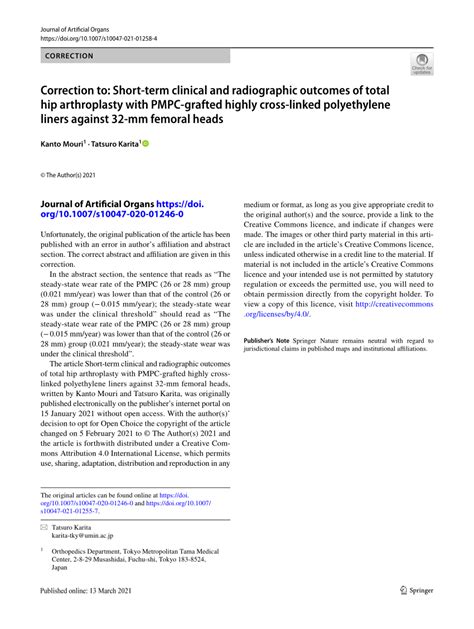 PDF Correction To Shortterm Clinical And Radiographic Outcomes Of