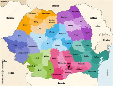 Counties of Romania colored by regions with neighbouring countries and ...